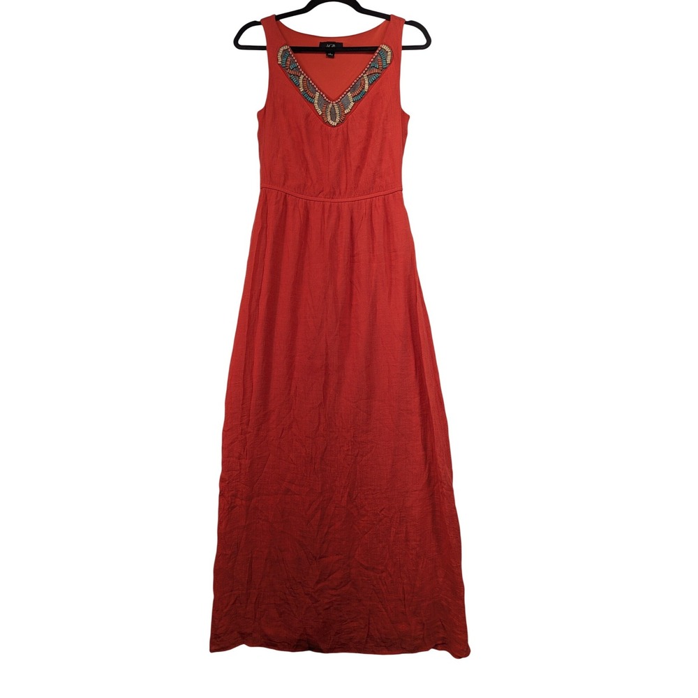 AGB Orange Beaded V Neck Maxi‎ Dress Sleeveless Elastic Waist Size S